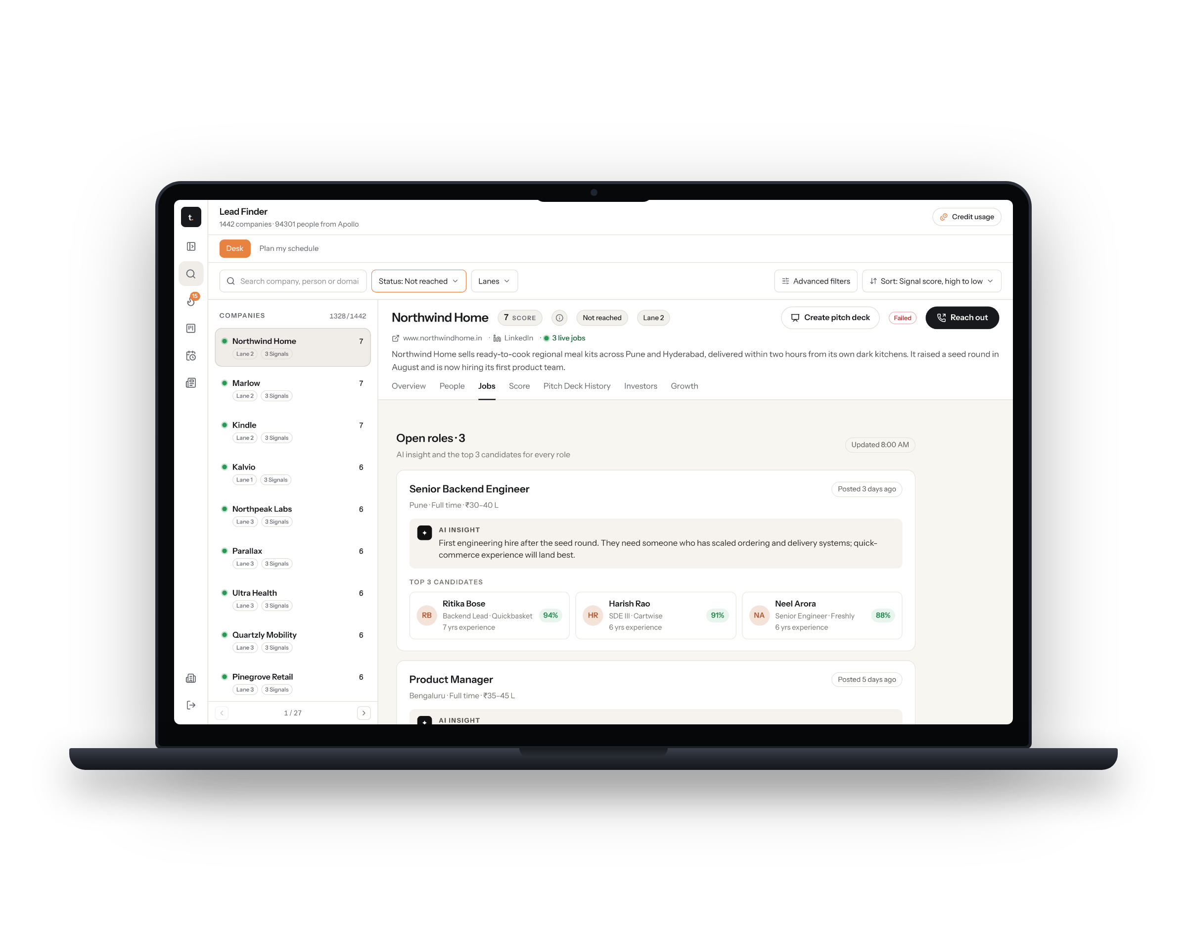 Company insights: open roles, an AI insight on each and the top 3 candidates
