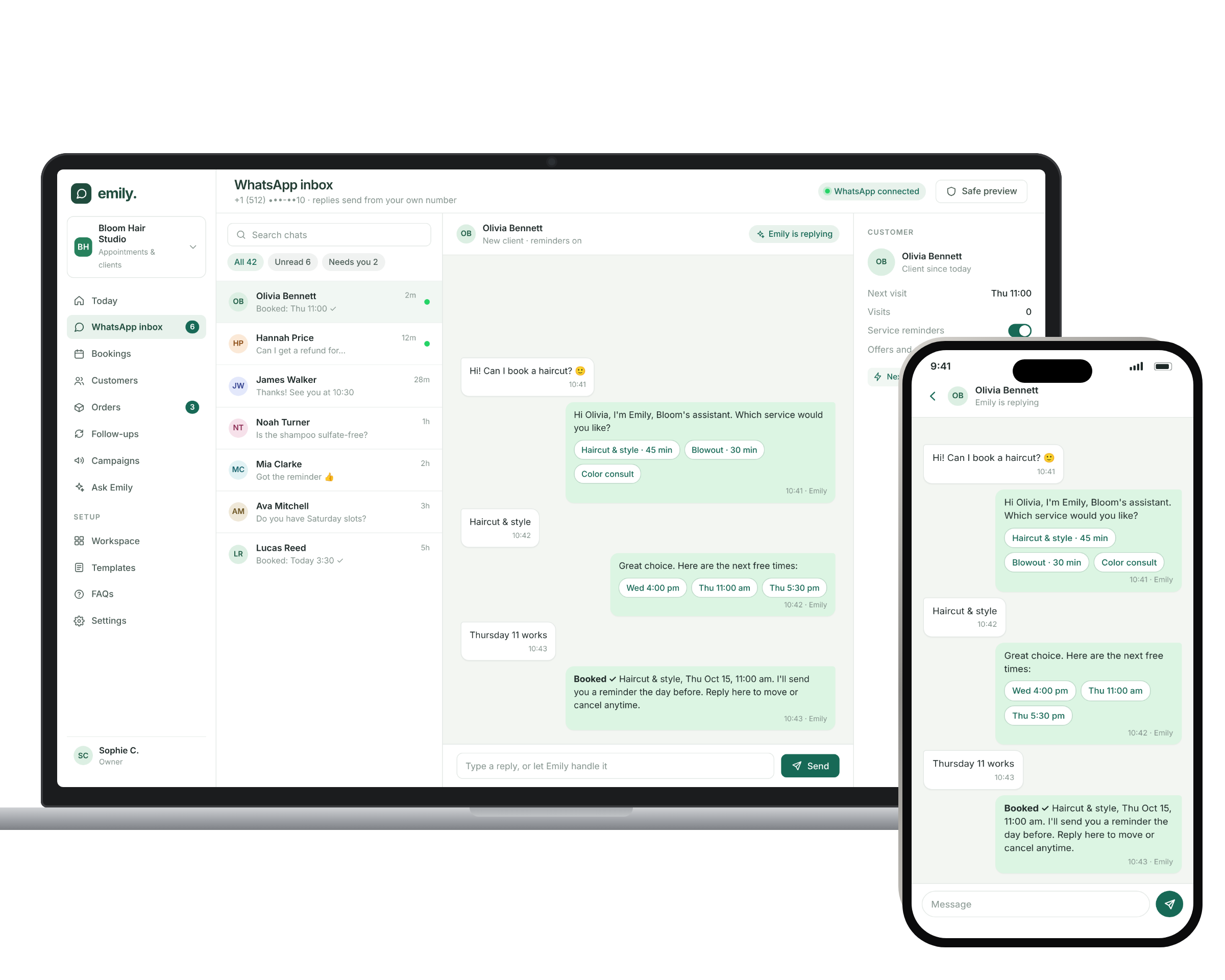 WhatsApp inbox booking a haircut, on laptop and phone